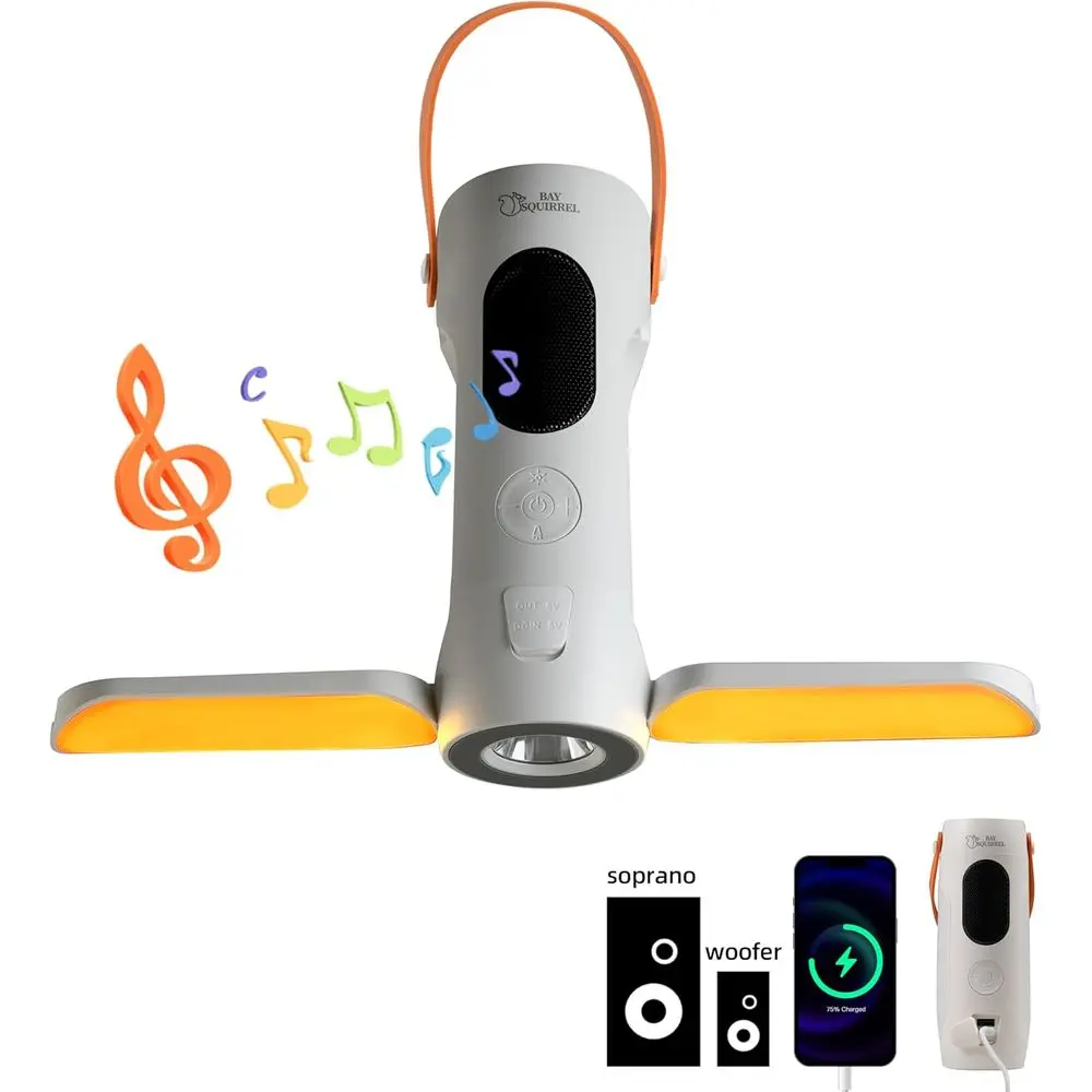 

oldable Camping Light Rechargeable Lantern with 2 Bluetooth Speakers,10000mAh Power Bank,Portable lashlight with Removable Hook,