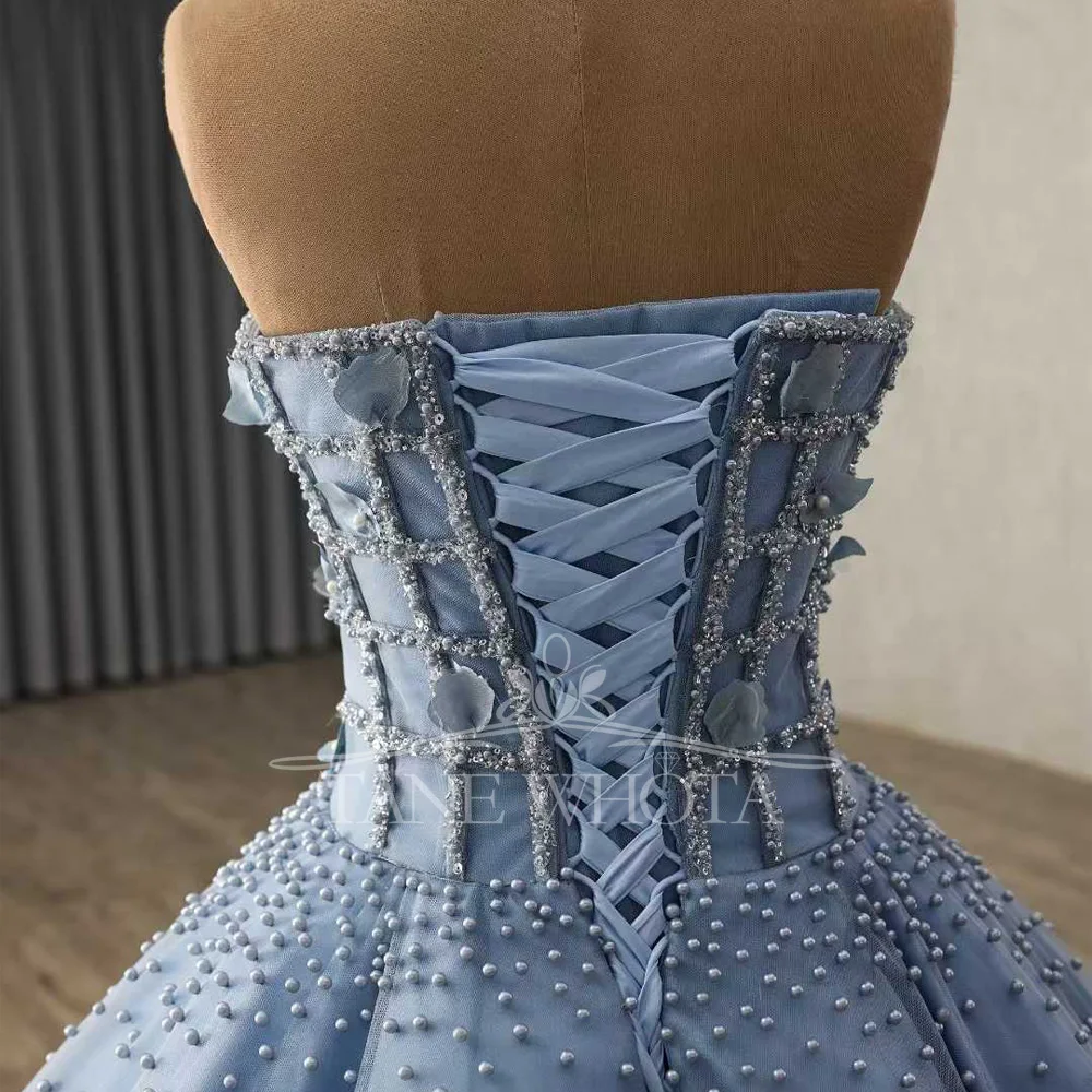 فستان سهرة أزرق بدون حمالات بدون أكمام مع زينة مطرزة بالخرز برباط من الخلف فستان حفلات فاخر قابل للتخصيص