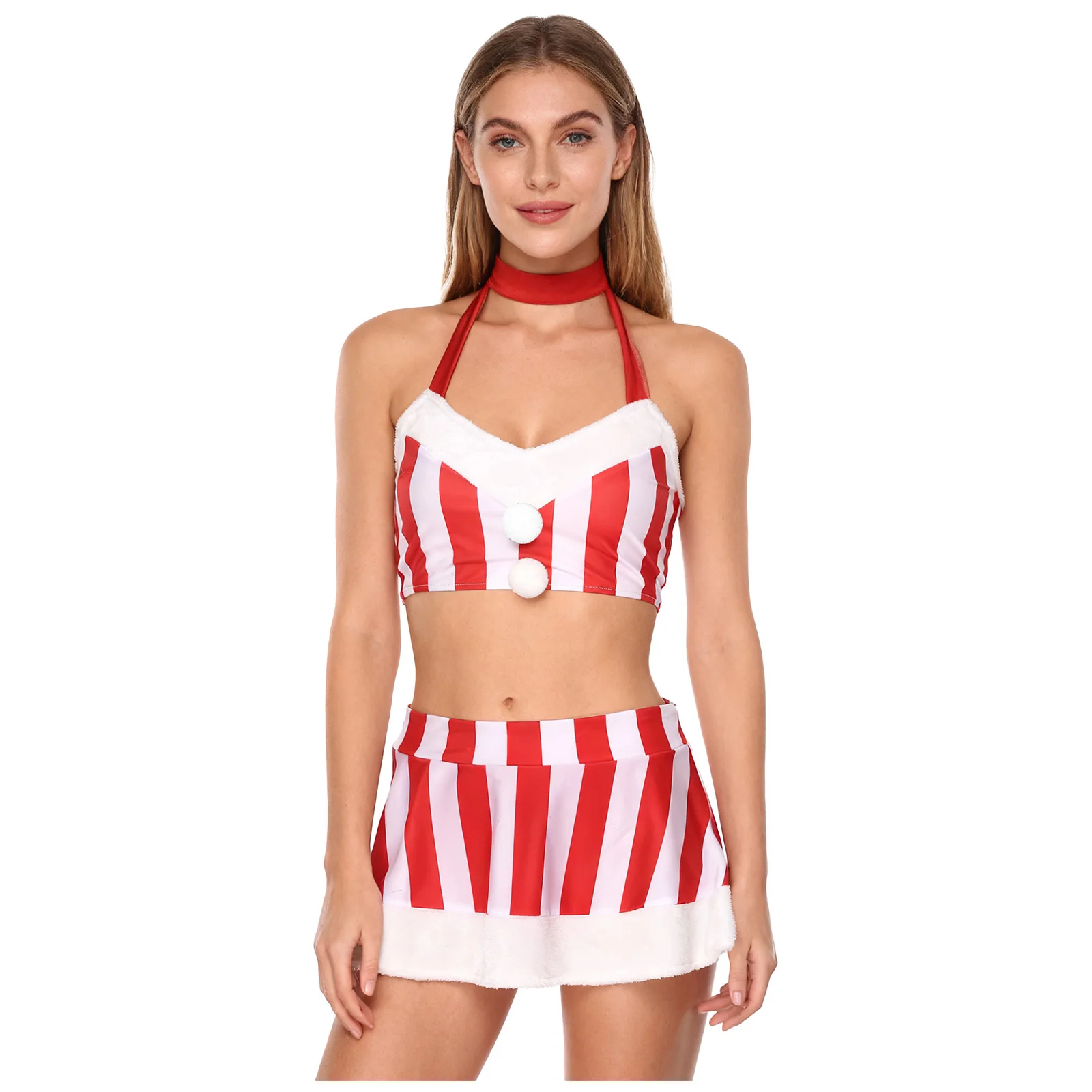 

Womens Christmas Mrs Santa Striped Outfit Pompom Decor Halter Backless Crop Top and Miniskirt Set for Raves Nightclub Masquerade