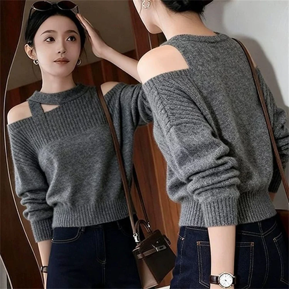 Off Shoulder Sweater Pullover Women's Casual Gray Sweater Solid Color Knitting All-matched Long Sleeve Female Elegant Short Tops
