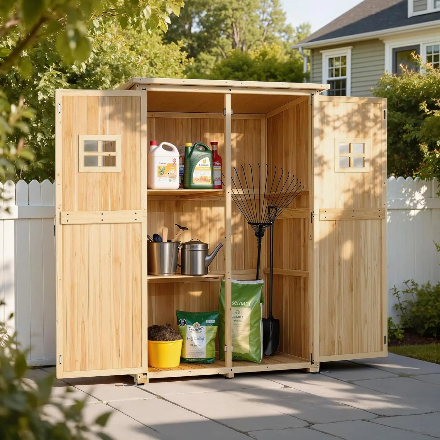 #Large Wooden Outdoor Storage Cabinet Shed, Lockable Tool Organizer for Patio Yard Lawn, 2-Shelf Oversize, Customized
