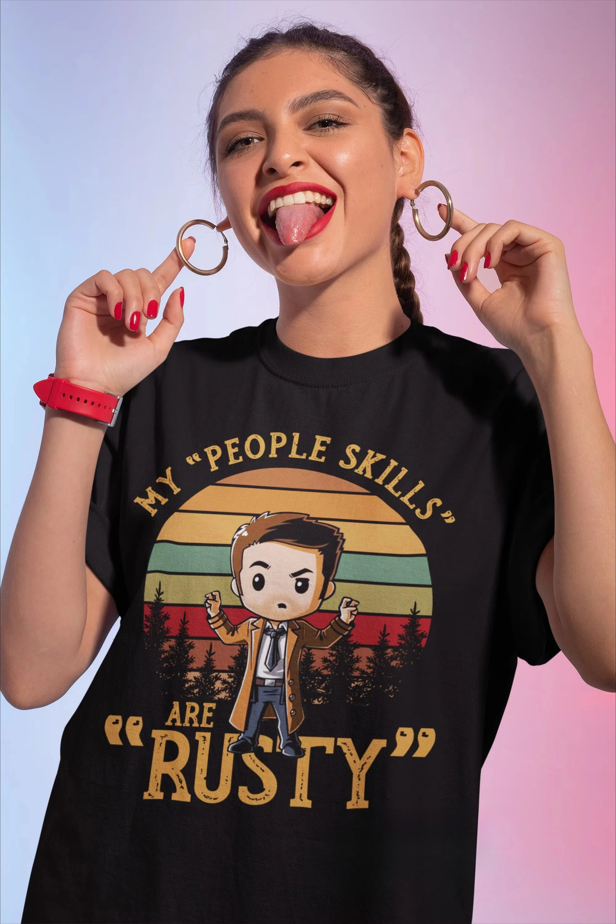 

Футболка Chibi Castiel Supernatural My People Skills Are Rusty, футболка «Сверхъестественное Winchesters», футболка Winchester Brothers