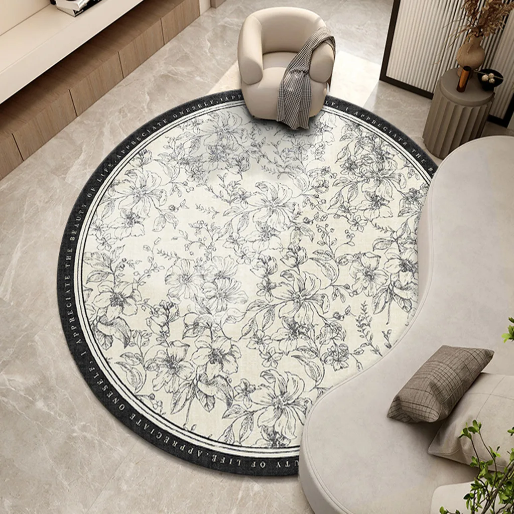 Vintage French-Inspired Floral Round Rug with Gold Border for Living Room and Bedroom Home Decor