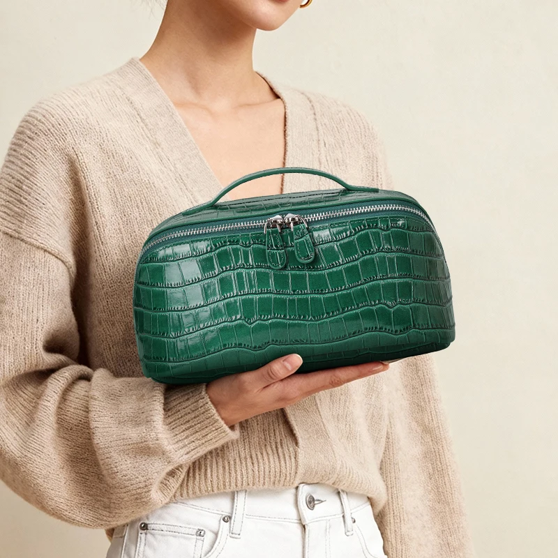 

Crocodile Pattern Genuine Leather Large-Capacity Handheld Cosmetic Bag, Storage Bag, Practical Handbag & Travel Toiletry Bag