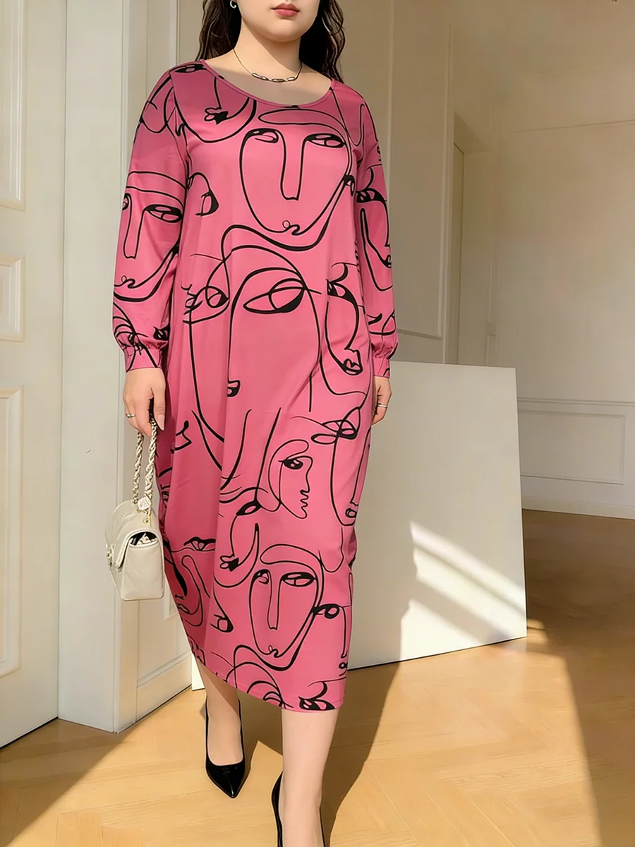 

Plus Size Women's Dress Round Neck Long Sleeve Abstract Print Loose Dress Art Dress Spring Summer Casual Dress Day Soft Dresses