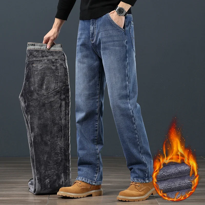 Fleece Lined Jeans for Men Stretch Winter Thermal Pants Business Casual Straight Denim Pants Big Size 42 44 Thicken Trousers