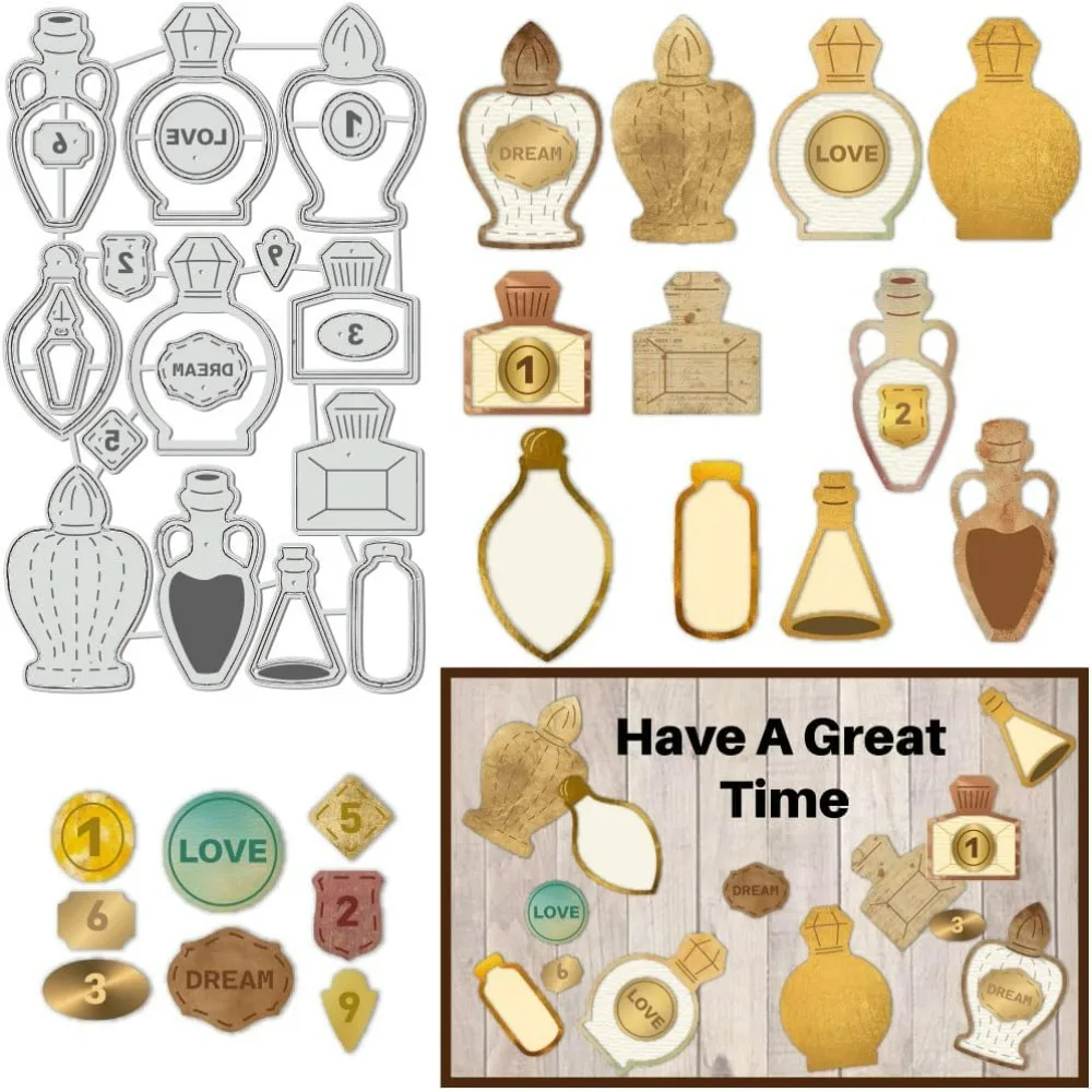 Parfümflaschen-Stanzformen, Trankflasche mit kleinem Etikett, Prägevorlagen aus Kohlenstoffstahl, Metallschablonen für DIY-Scrapbooking