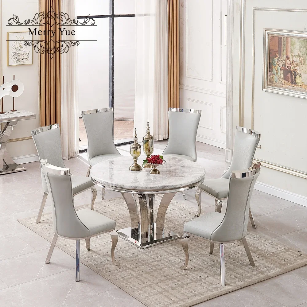 China Dining room furniture marble dining table set rectangle silver stainless steel base dining tables