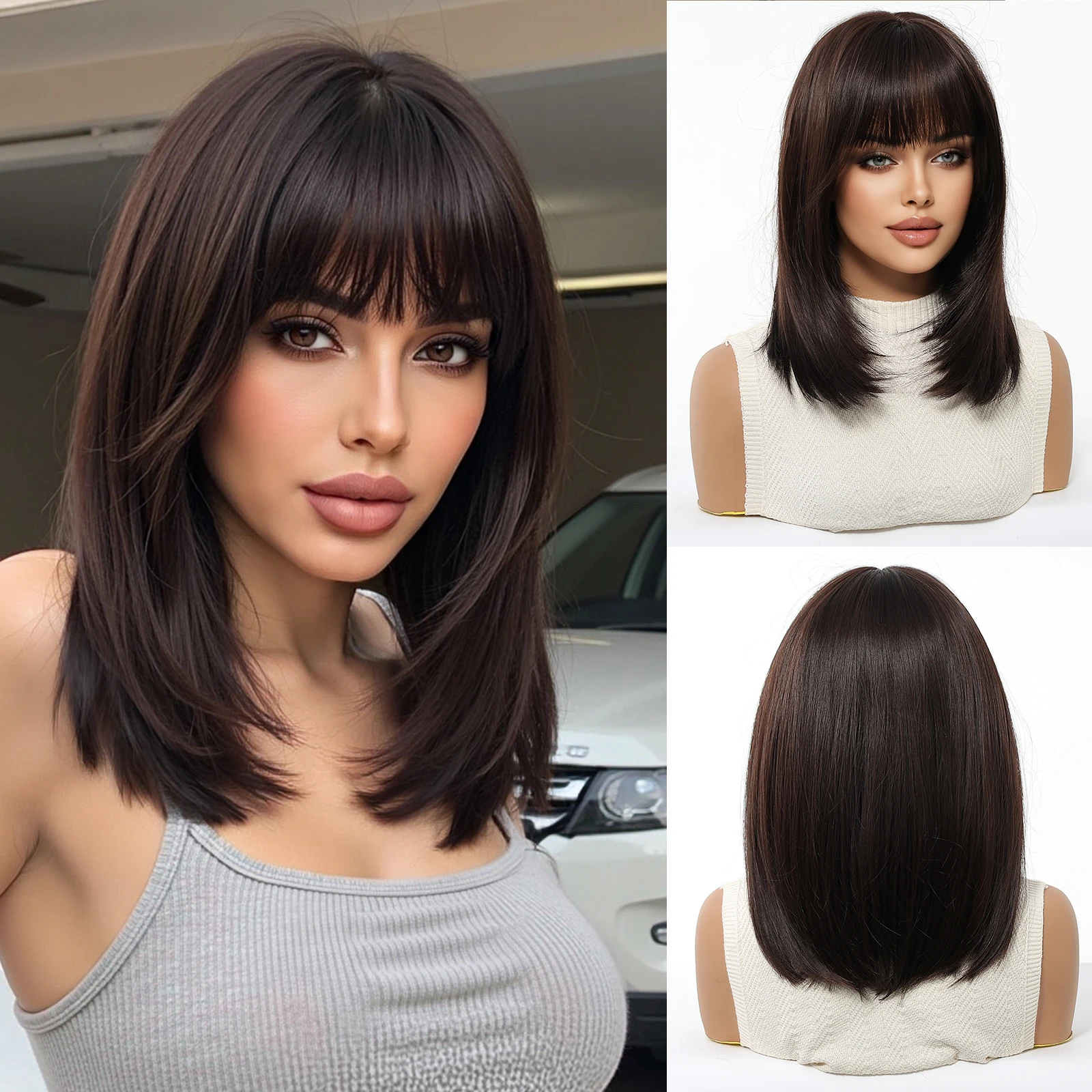 

ESIN Synthetic Dark Brown Wig Shoulder Length Straight Wigs with Bangs for Women Use Heat Resistant Party Daily Natural Use