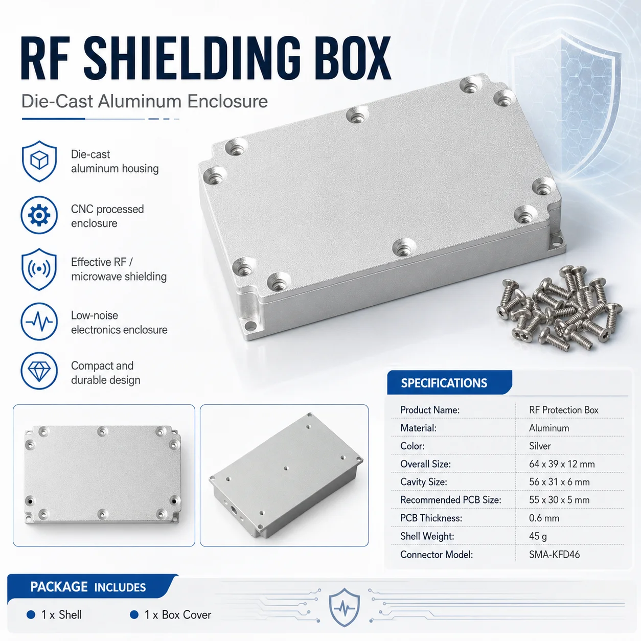 /RF /Shielding /Box Aluminum Alloy Heat Dissipation Enclosure For SMA-KFD46 Connector Low Noise Signal Protection Case