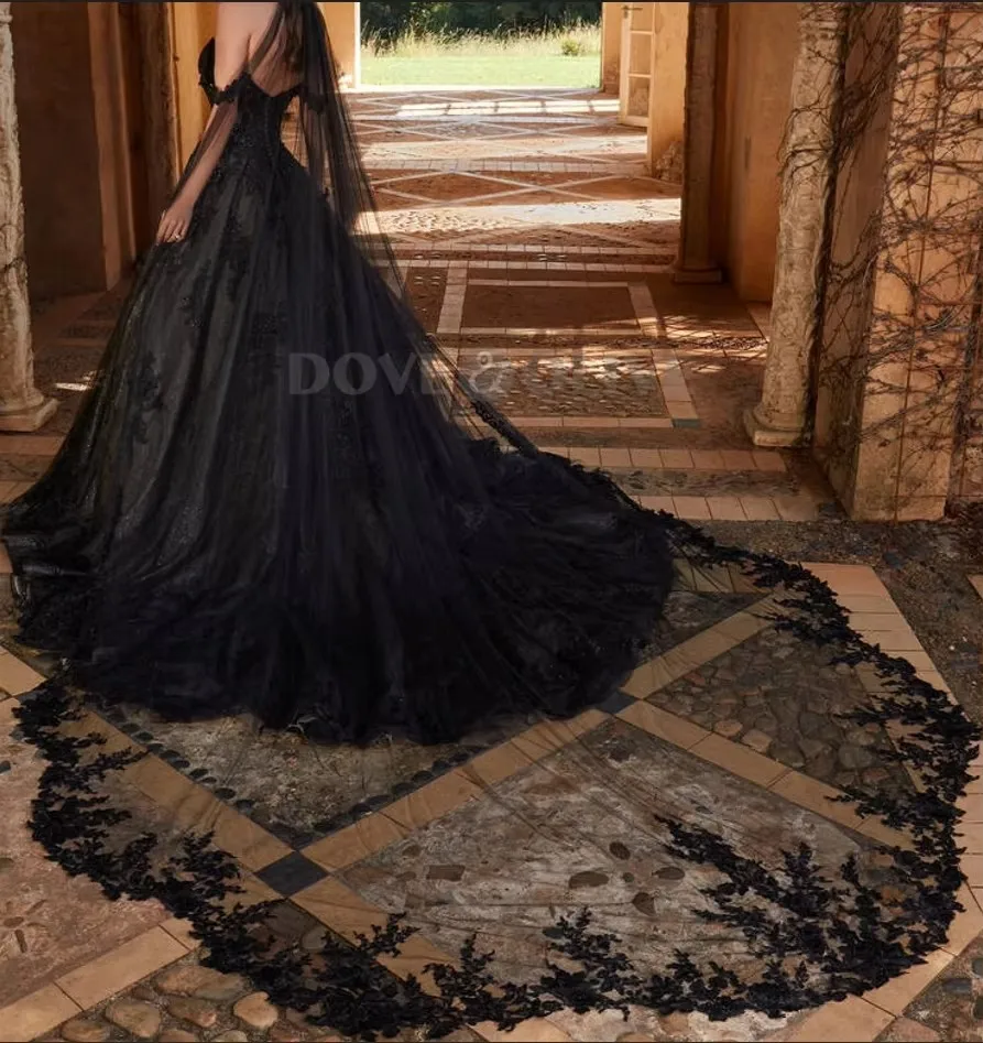 Black Gothic Wedding Veils Marrige hochzeit Bride Veil Women Accessory Bridal Hair Decoration velo de novia catedral Customized image 3
