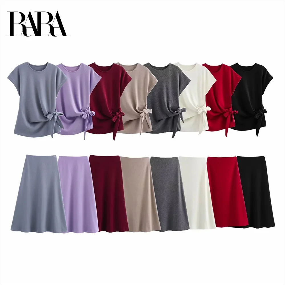 

RARA 2025 bow round neck solid color loose short-sleeved T-shirt + high-waist temperament skirt suit for women