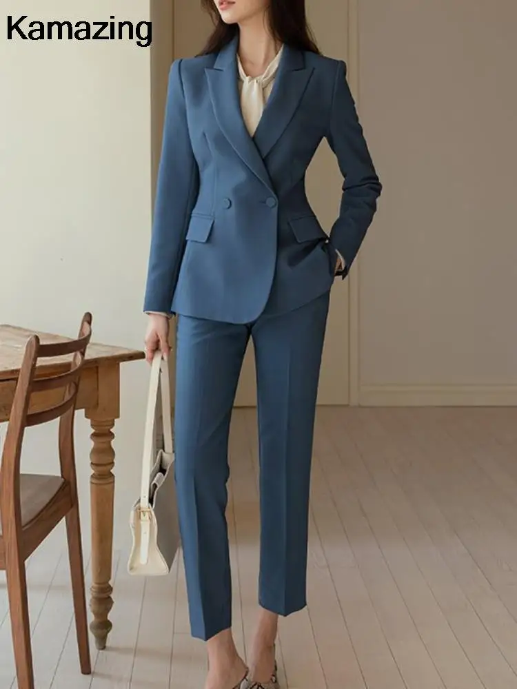 Women Formal Blazer Pantsuit Casual 2 Piece Set Vintage Solid Jackets Business Trousers Outfits Female Elegant Clothes Workwear