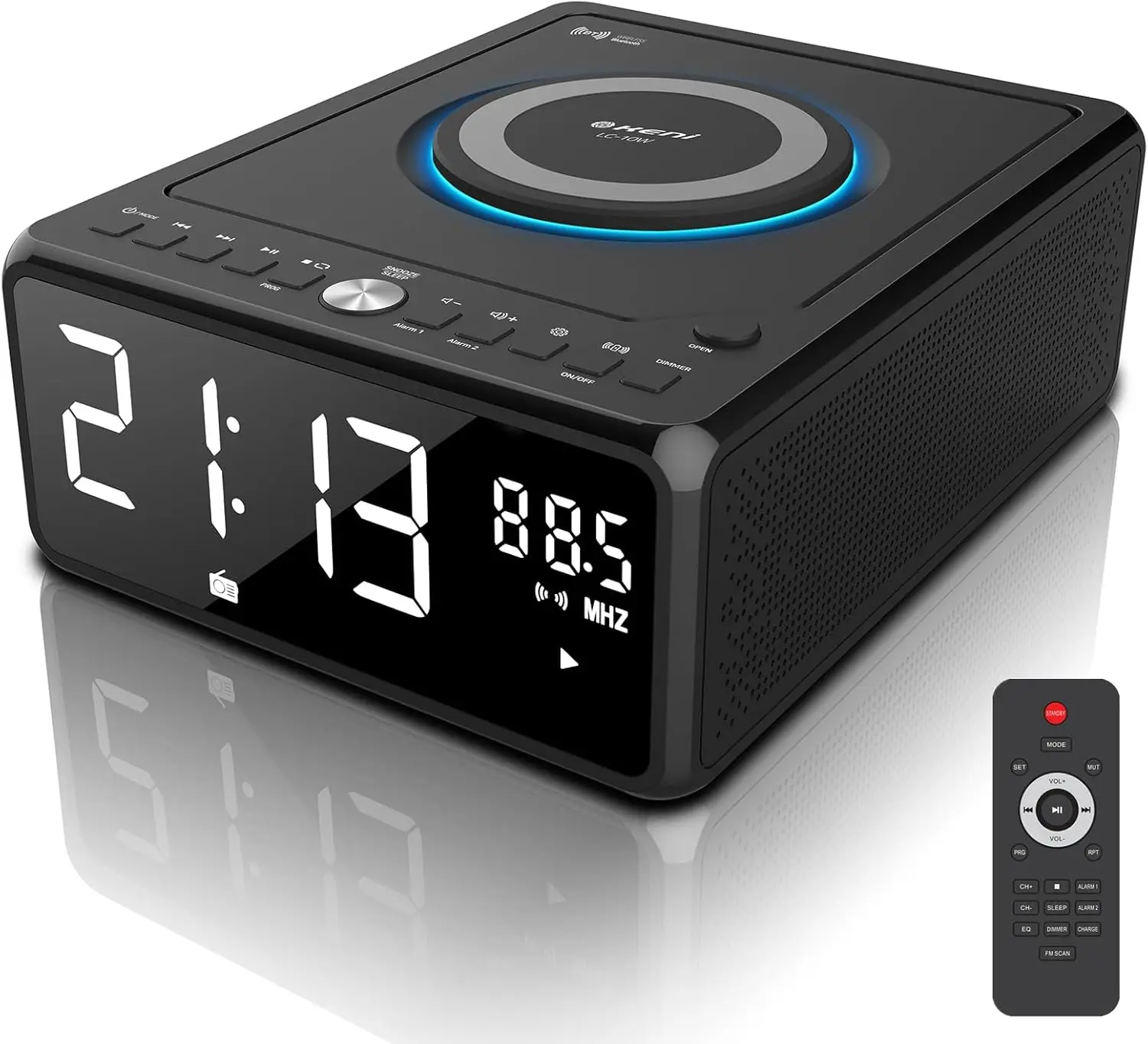 

Portable CD Player Alarm Clock Radio with Bluetooth, Wireless Charging, FM/AUX/USB, Remote Control for Home Use