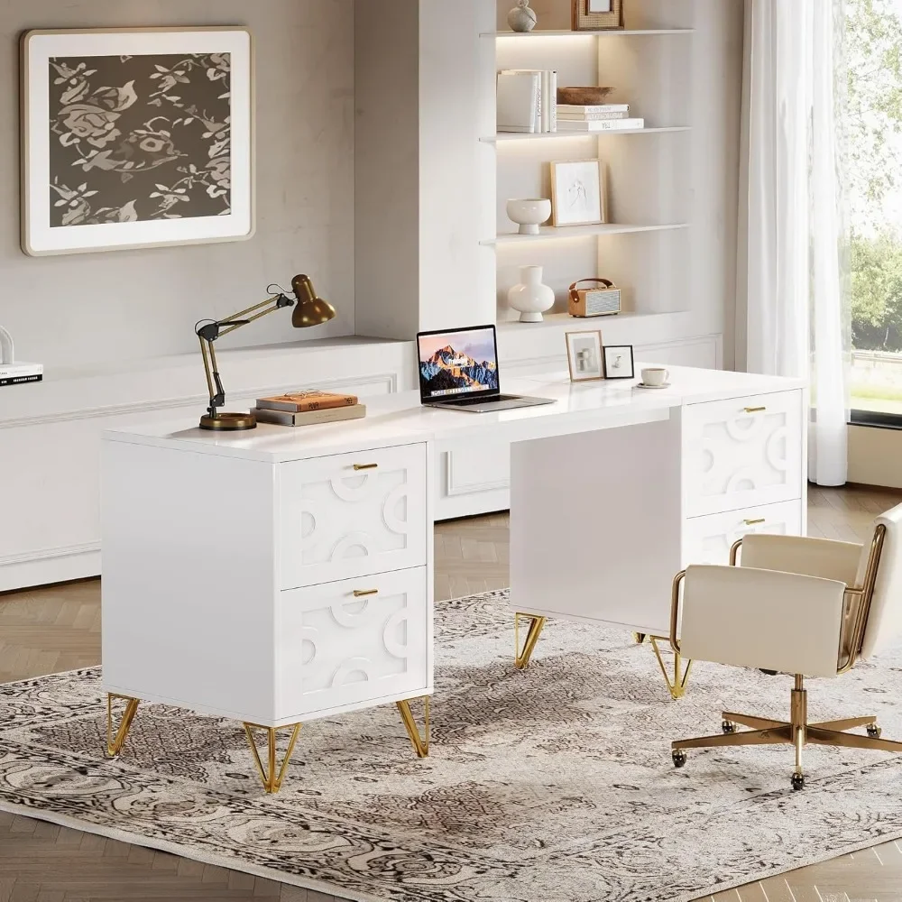 59-Inch White Executive Computer Desk with 4 File Drawers Storage, Modern Writing Table, Luxury Desk