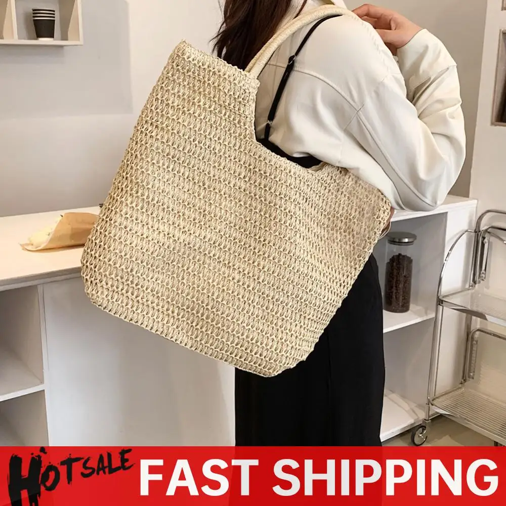 

Women Straw Tote Handbag Large Capacity Weaving Travel Handbag Zipper Closure Retro Straw Handbag Ladies Summer Daily Bag
