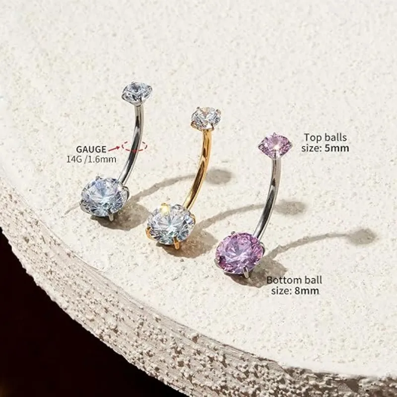 1PC G23 Titanium Belly Button Rings 14G Round Cubic Zirconia Navel Rings 2 Sizes of Length to Choose Barbell Piercing Jewelry