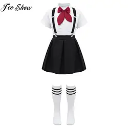 Kinder Mädchen Chor Outfits Schuluniform Fliege Shirt mit Hosenträger Rock und Socken Schoolgirls Bühne Leistung Kostüm