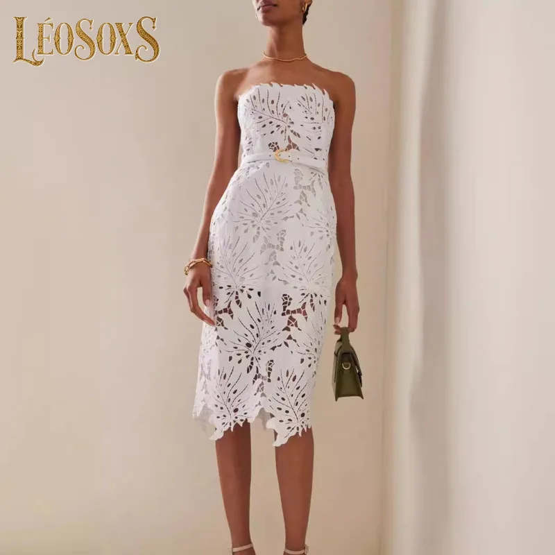 

LEOSOXS женское сексуальное кружевное белое миди со знаменитостями без бретелек и открытой спиной, облегающее бандажное платье, вечернее платье для выступлений на сцене, Vestido