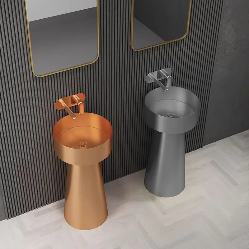 Luxury Bathroom sink Modern SUS304 Stainless steel Floor standing washbasin Lavabo Brushed Rose gold 400*400*800mm hand basin