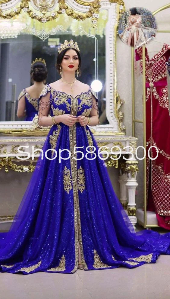 Royal Blue Blouse oranaise algérien Melhfa Prom Occasion Dresses Cap Sleeve Gold Applique Tassel Evening Gown Outfit