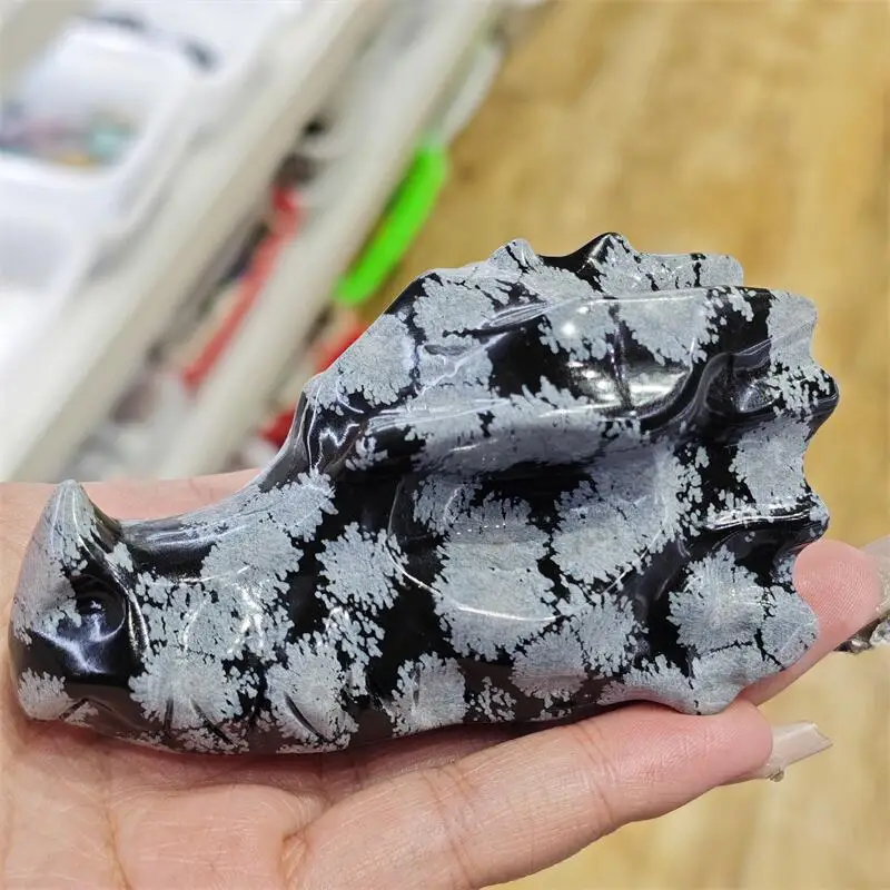 Natural Snowflake Obsidian Dragon Skull Carving Reiki Faith Handicraft Ornaments Healing Home Decoration Gift 1PCS