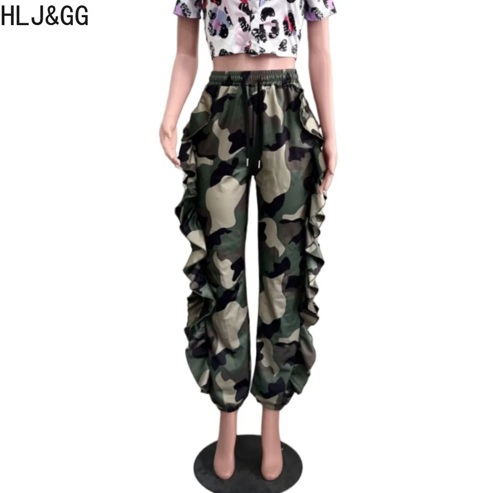 HLJ&GG Fashion Camouflage Printing Ruffle Design Sporty Pants Women High Waisted High Waisted Jogger Trousers Spring New Bottoms