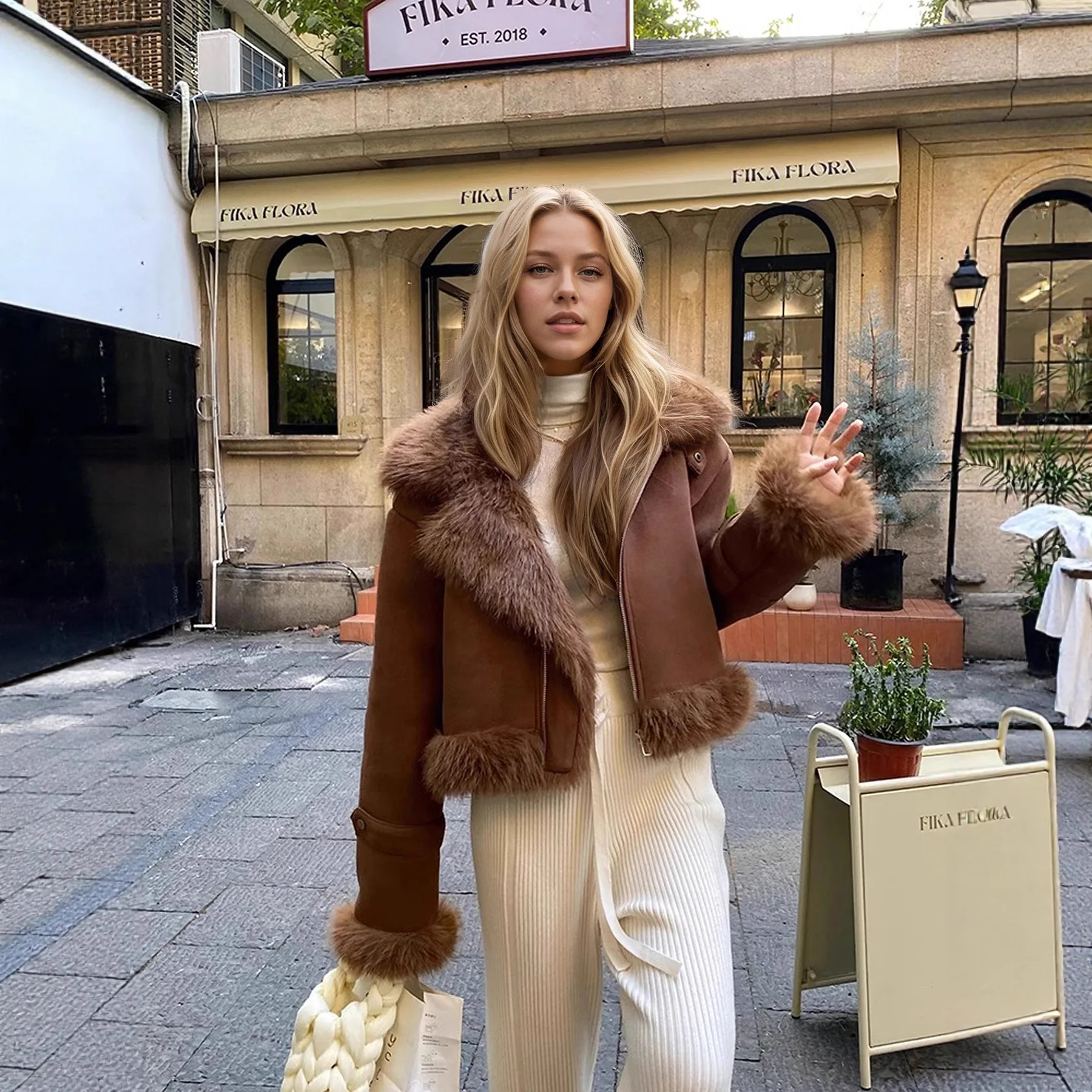 Jaqueta Feminina de Couro Camurça Forrada com Pelo, Estilo Motociclista, Quente, Corta-Vento e Resistente à Água, Casaco Casual de Inverno, Popular no Comércio Transfronteiriço
