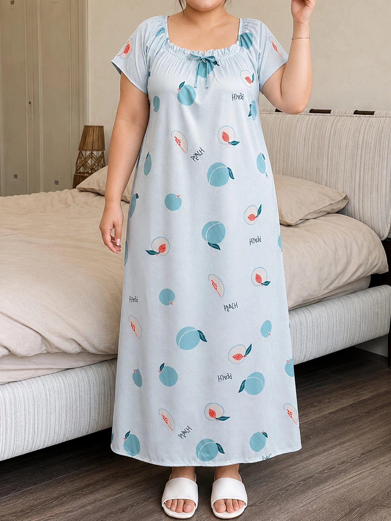 Women Plus Size Blue Fruit Print Nightgown Thin Short Sleeve Square Neck Long Sleep Dress With Drawstring Pajama Dress