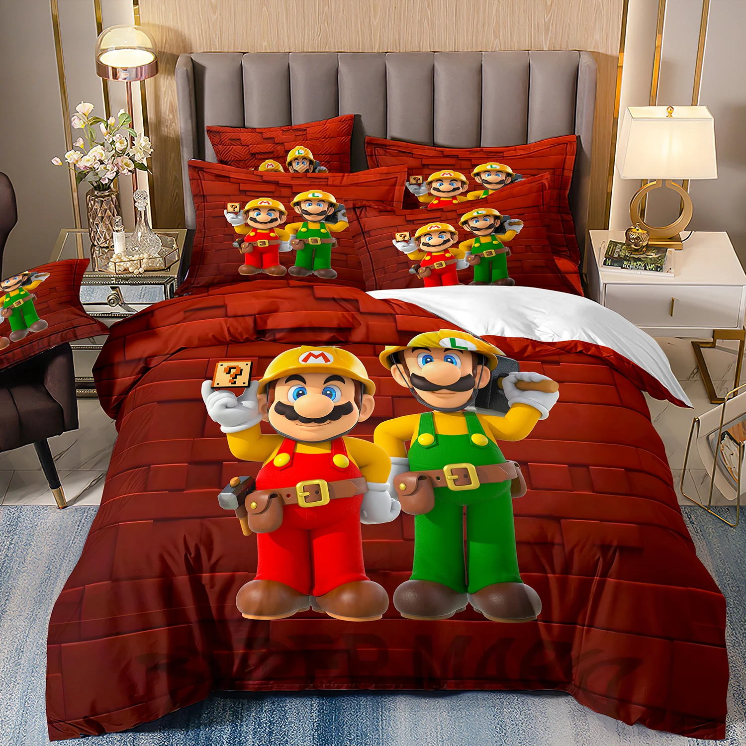 Quilt Cover Pillowcase Kids Gift,Retro 23 Style Cartoon Comforter Duvet Cover Bed Set,Gift Super Mario Bros Bedding Sets