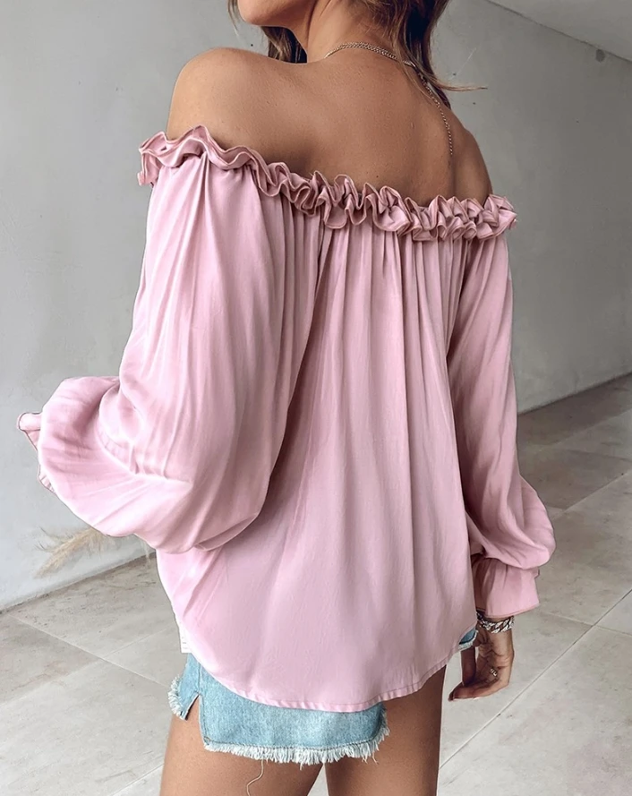 Elegant Retro Style Women's Clothing 2024 Summer New One Shoulder Pleated Loose Casual Solid Color Pleated Lantern Sleeve Top