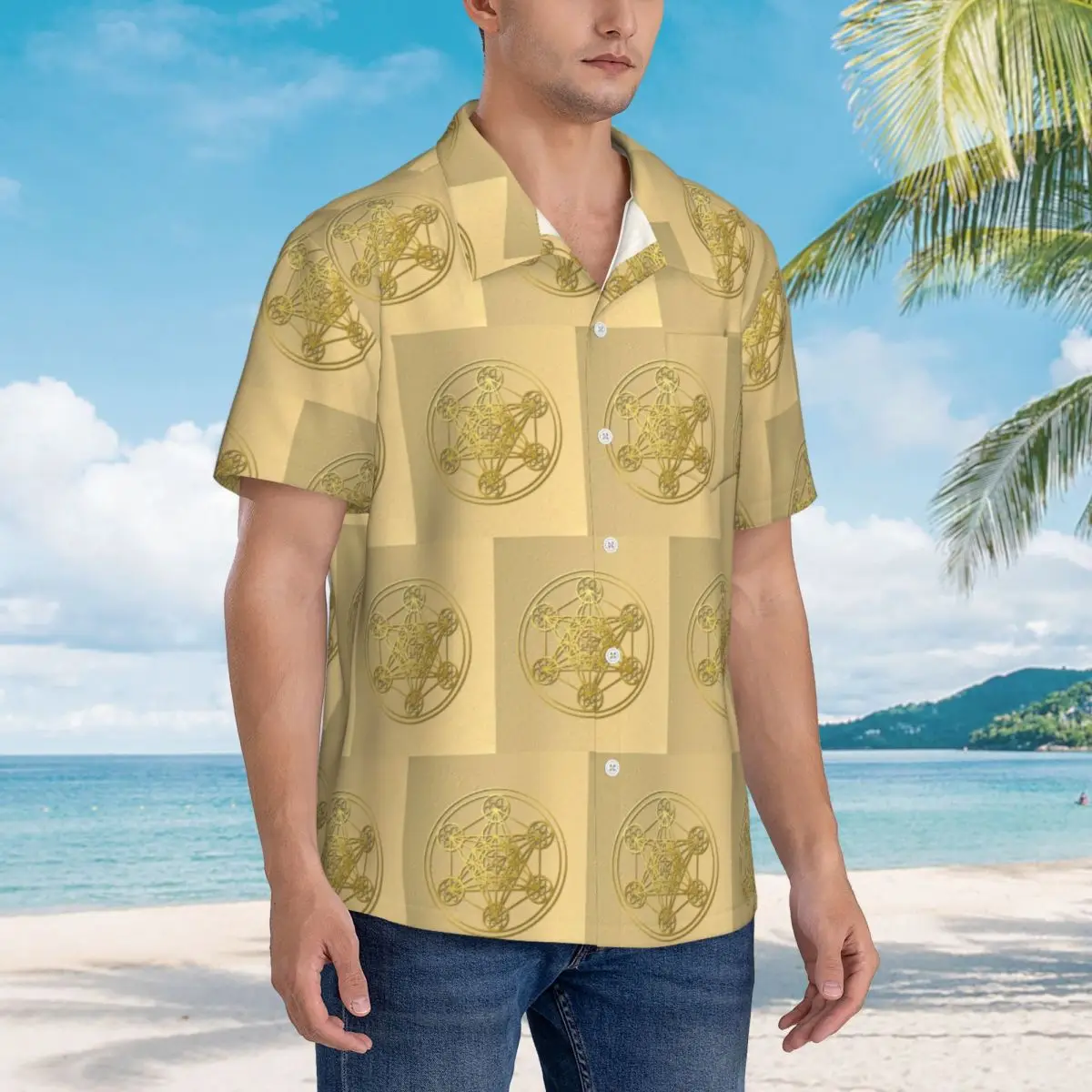 

Metatron Cube Sacred Mandala Healing Amulet Hawaiian Shirts Fashion Men Short Sleeve Shirt for Summer Beach Men's Lapel Tops