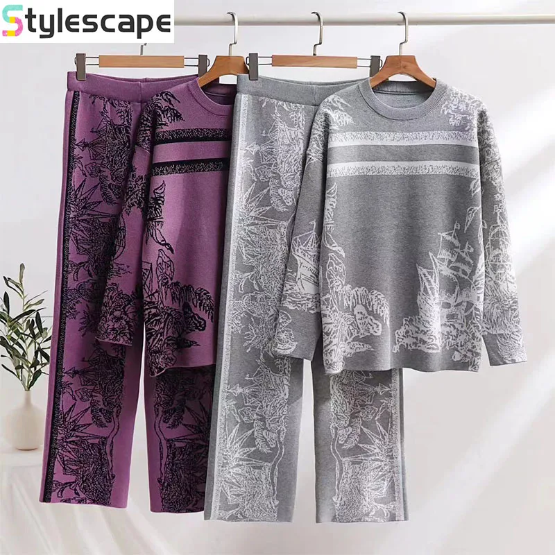 

Knitted Set Women's Autumn and Winter Loose Fitting Pullover Sweater Waist Cinched Wide Leg Pants, Women's Printed Two-piece Set