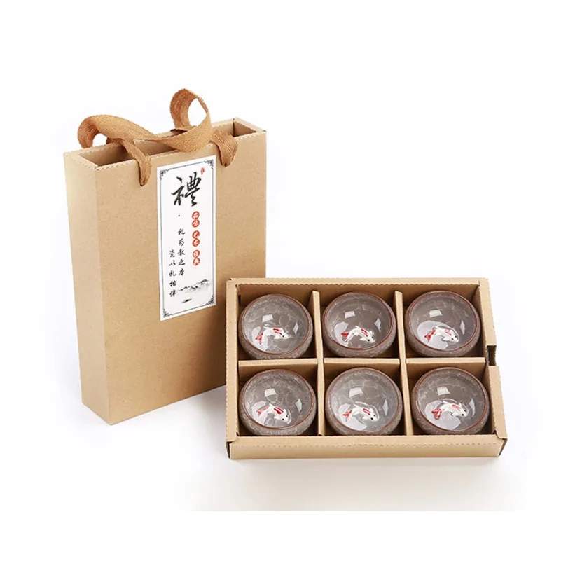 Gift Package 6pcs 3D Golden Fish China tea cup set,Kung Fu Tea Set Crackle Glaze Travel Tea Bowl Chinese Teacup Sets 4