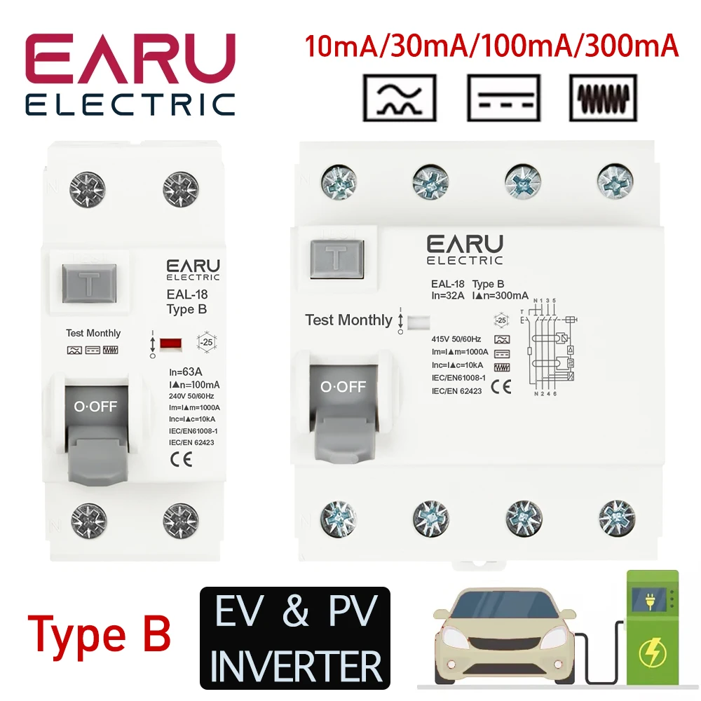 2P 4P 10/30/100/300mA Electric Vehicle EV Charging Pile Residual Current Breaker DC RCCB RCD Type B 6KA Din Rail Earth Leakage