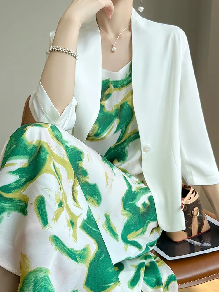 

Женский повседневный тонкий костюм из ацетатного атласа: белый пиджак и брюки, комплект для весны/лета, верхняя одежда для офиса, с длинными рукавами