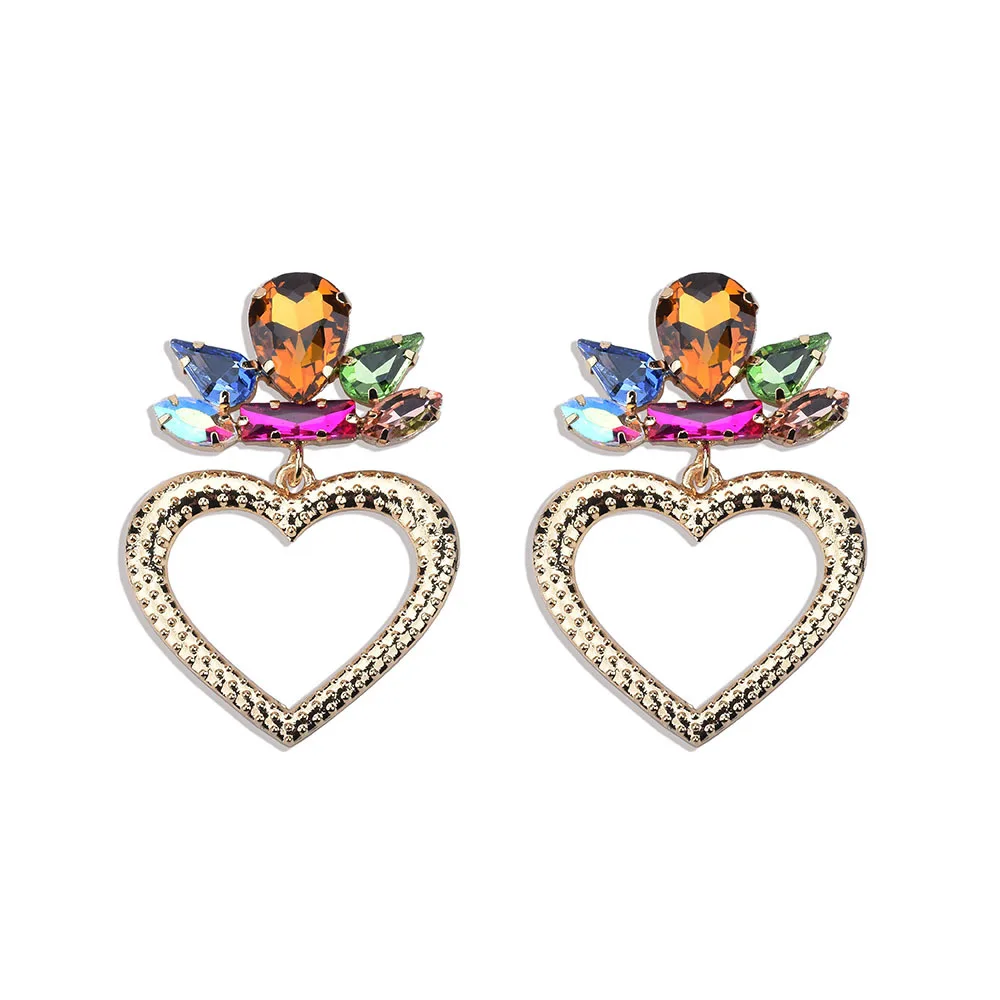 Cross-border creative earrings Internet celebrities exaggerated colored glass pendant heart earrings alloy full diamond earrings