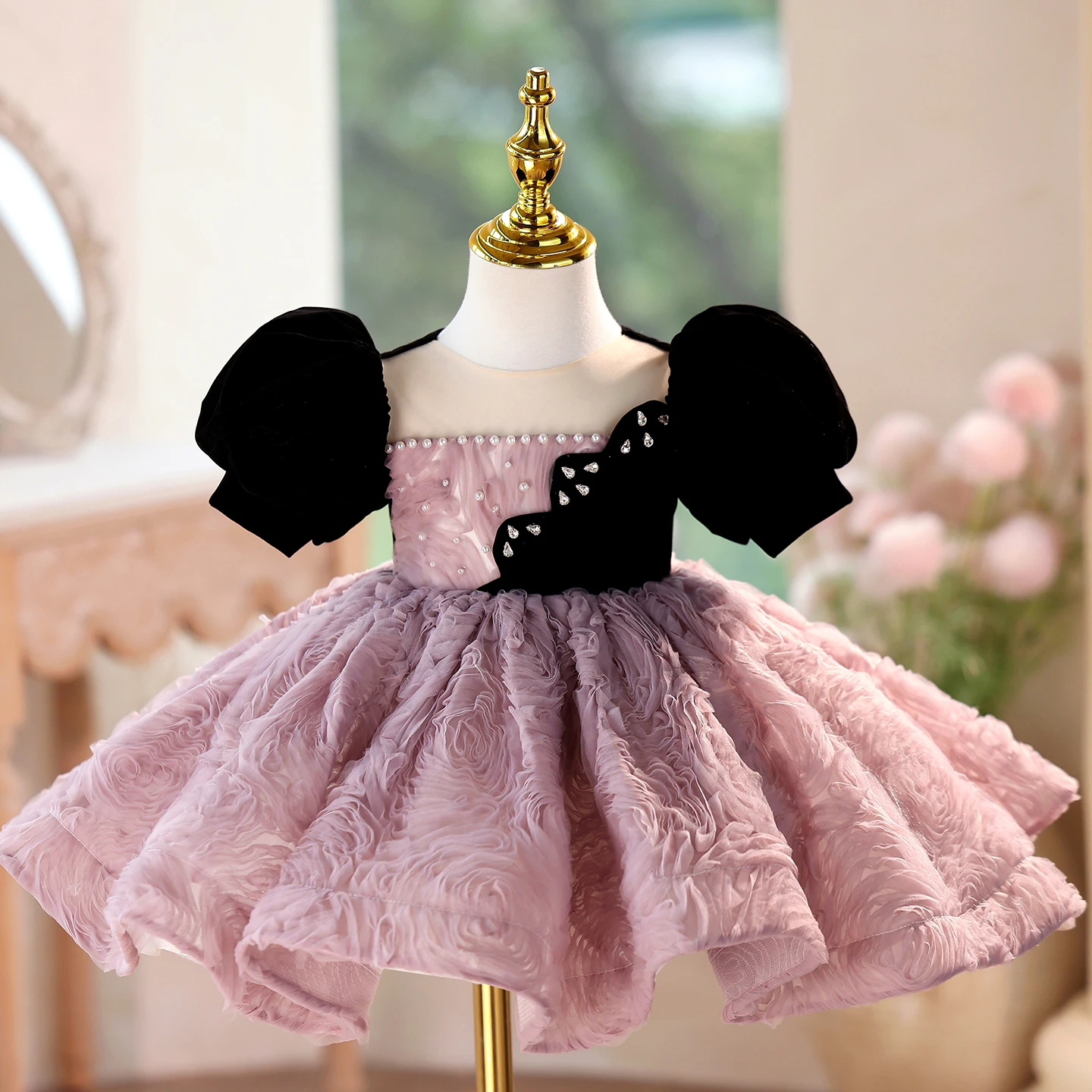 KLFLGD  Toddler girl's beauty pageant dress high-end dance party Hepburn flower girl dress baby first birthday dress kids Christ