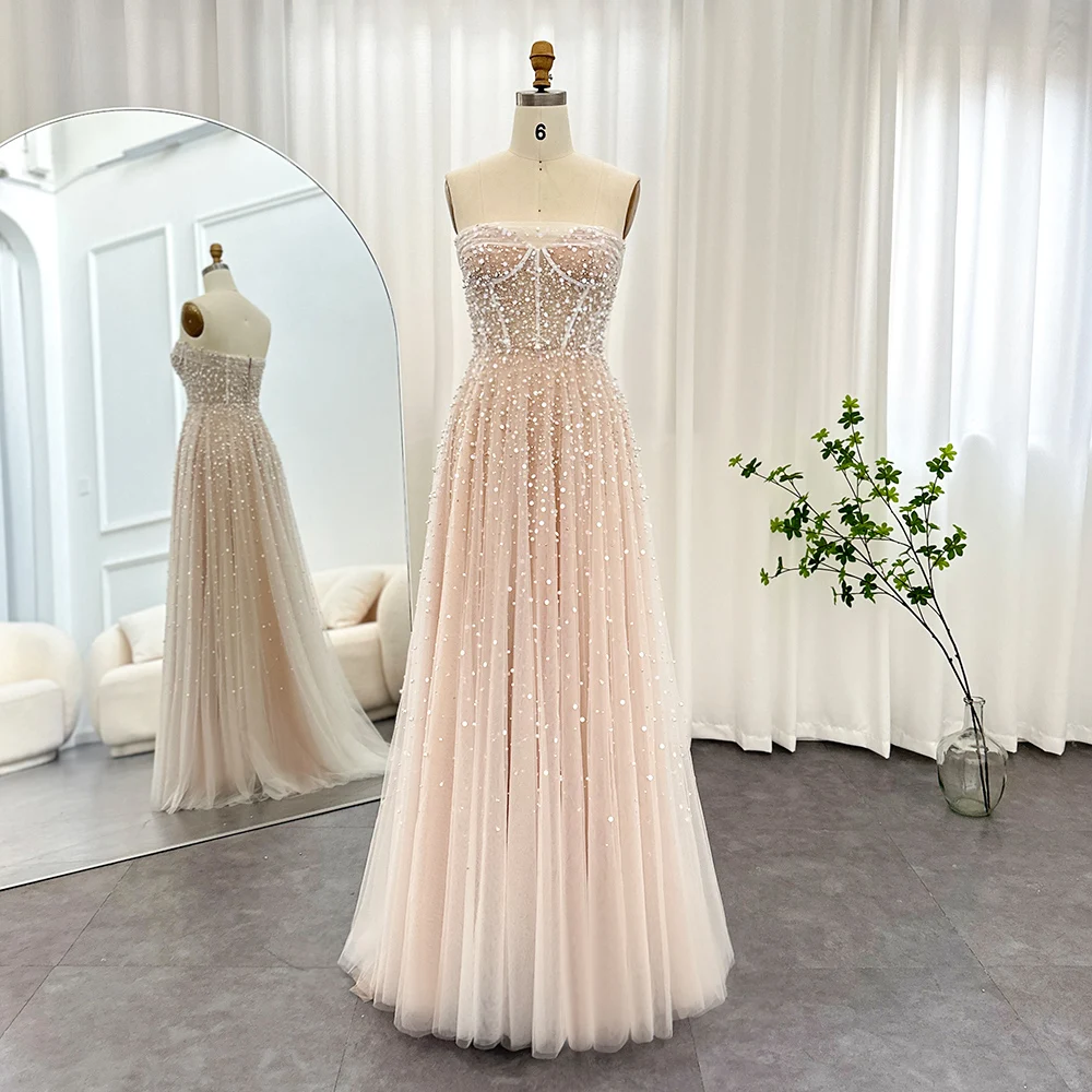 Scz059 Luxury Jancember Pearls White Nude Arabic Evening Dresses With Gloves Elegant Women Wedding Bridal Party Gowns