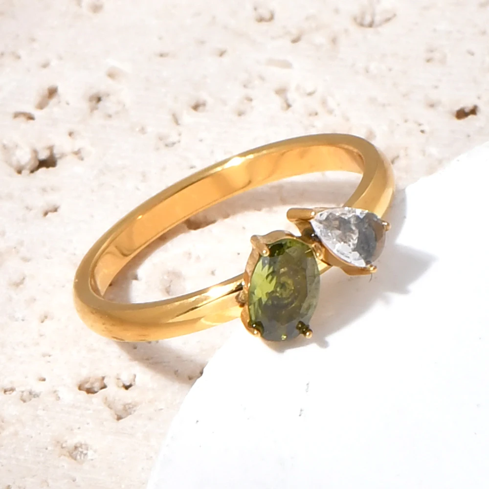 Unique Double Stone Gold Color Ring with Colored Cubic Zircon Vintage Stainless steel Jewelry for Women Daily Wear/Party Gift
