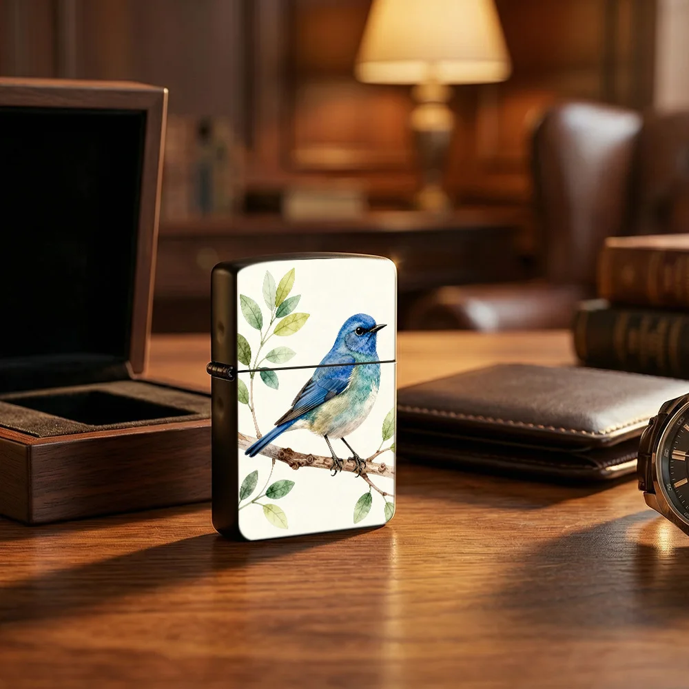 Watercolor nature Flip Top Lighter lighters vintage Blue Bird On Branch Foliage Botanical Art Pattern lighters for smokers Daily