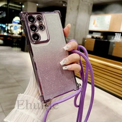 Strap Case For Samsung Galaxy S25 Ultra S24 FE S25 Plus A56 A36 A16 Crossbody Cord Lanyard Shockproof Plating TPU Glitter Cover