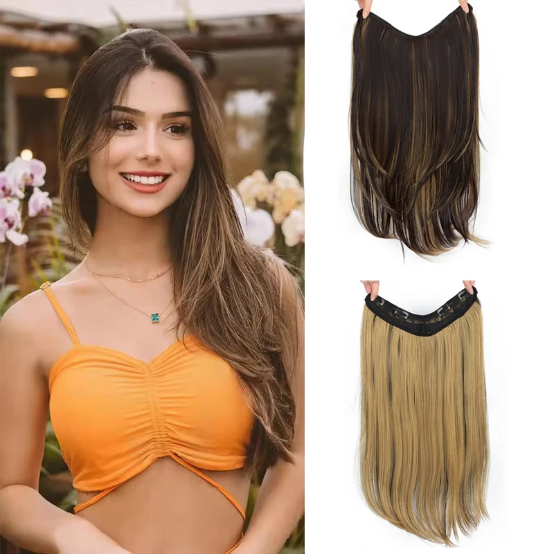 

Synthetic 55CM V-shaped hair extension piece wig long straight hair female natural connection seamless clip hair wig piece