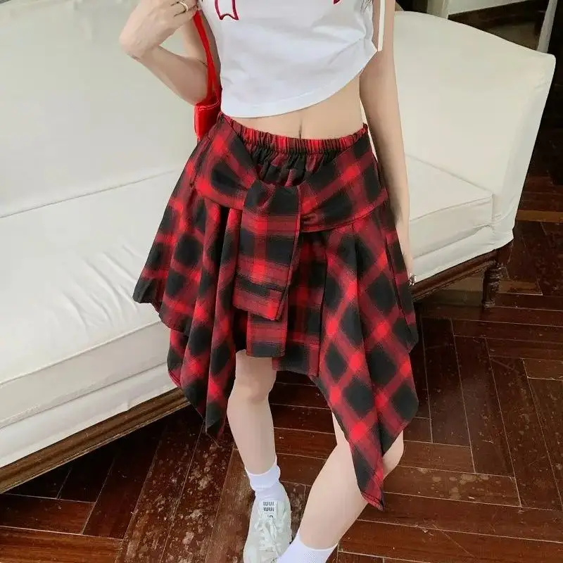 Design-Sensory Straps Irregular Plaid Skirt Spring Summer New Hot Girls Versatile Elastic High Waist Slimming Short Skirt