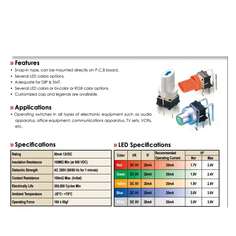 2pcs/lots Taiwan PB6156RSL Tactile Switch with Blue Lamp LED Lighted Side Press Horizontal Type