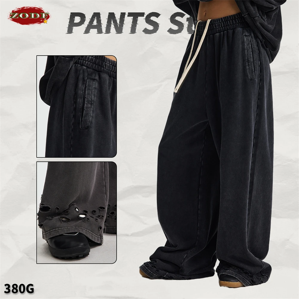 ZODF Trendy 2025 Autumn Men Washed Cotton Pants Unisex 380gsm Distressed Oversized Solid Terry Sport Trousers Streetwears HY1075