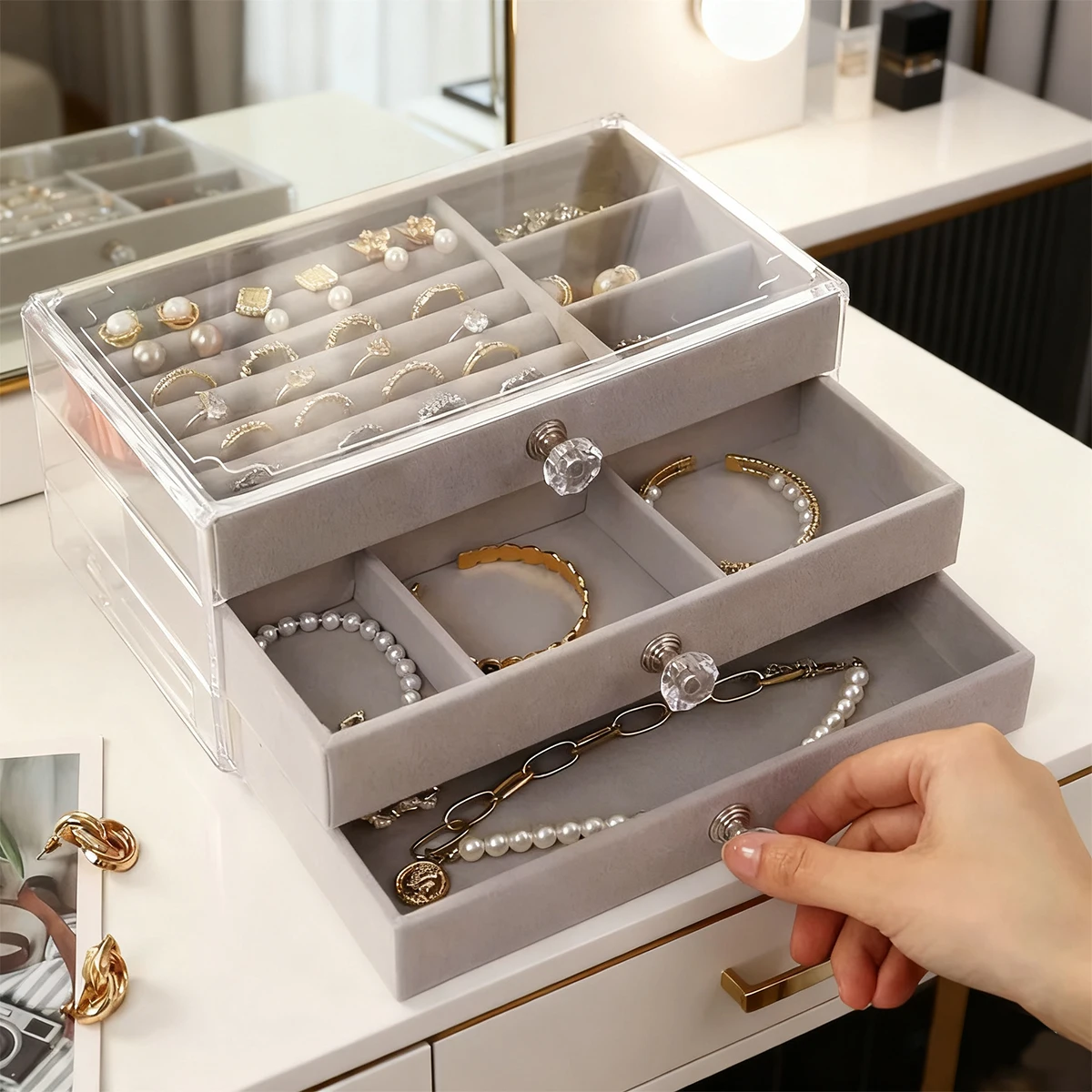 

1pc can stack 3 layers of beige/gray drawer style jewelry box earrings rings necklaces bracelets organizing box