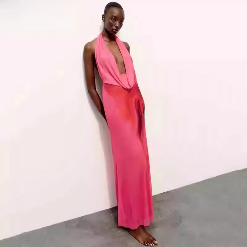 فستان صيفي 2024 مثير بظهر مكشوف وطويل مع طرحة رقيقة وياقة متدلية، تصميم أنيق للنساء بأسلوب عملي وياقة على شكل V بدون أكمام