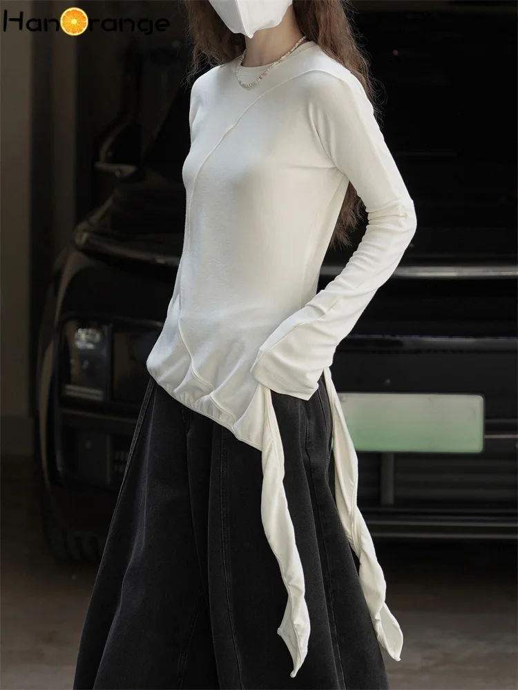 HanOrange 2025, wintermode, asymmetrische gebogen riem, gebreide trui, dames, slim fit, huidvriendelijke top, wit/zwart/baksteenrood