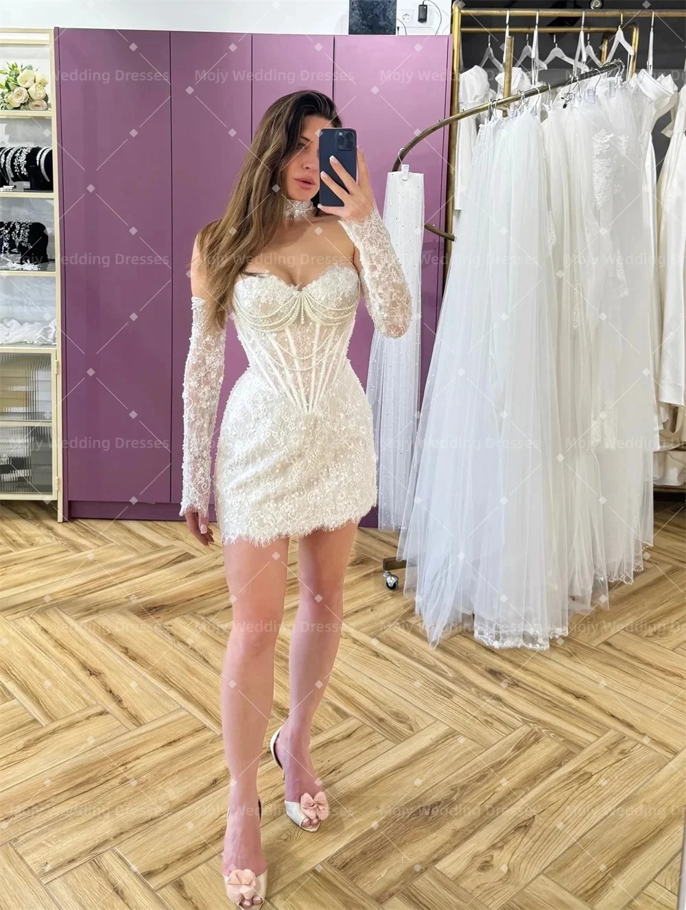 

Свадебное платье Mojy с открытыми плечами, со съемными рукавами, кружевное, вечернее, сексуальное мини-платье, 2026, на заказ